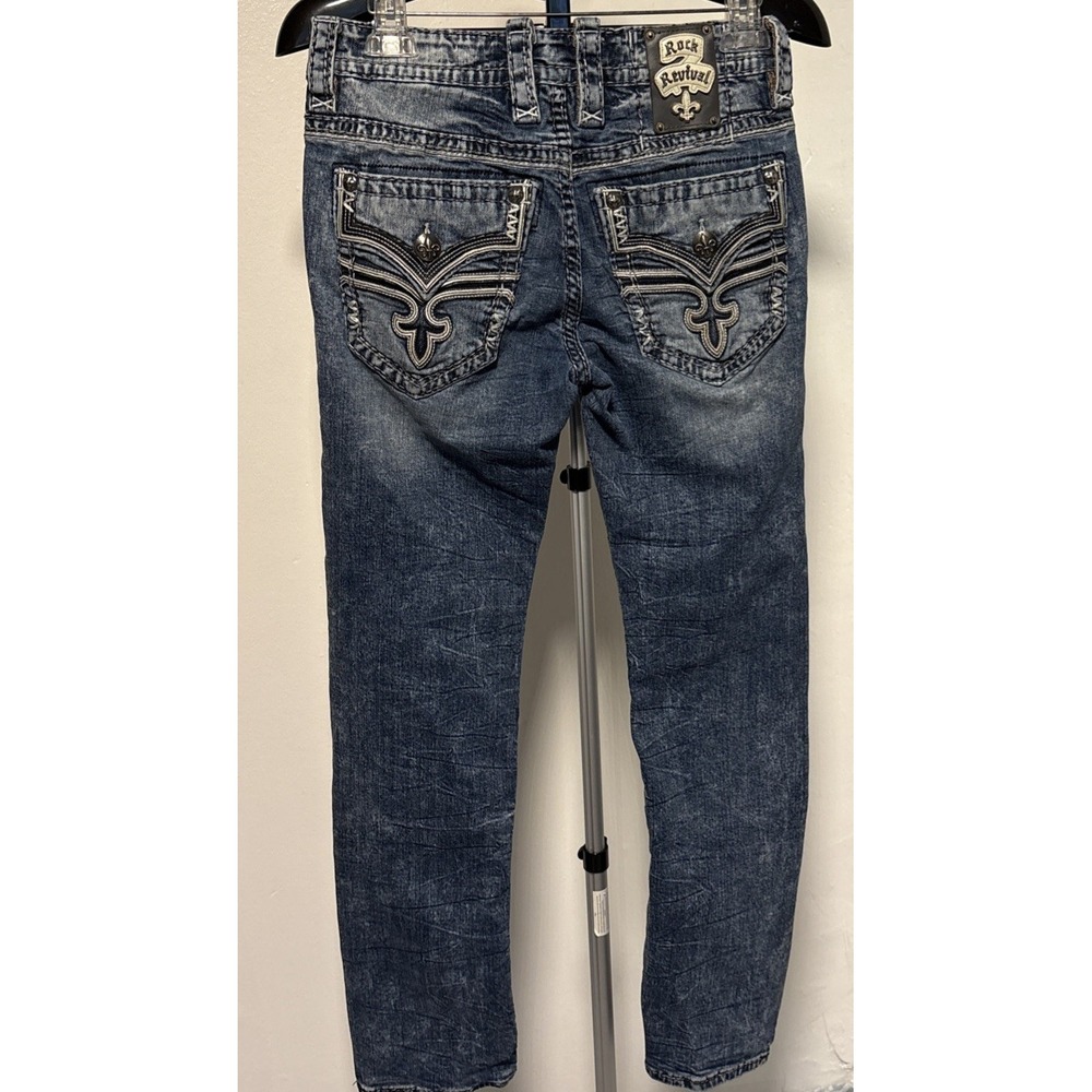 Rock Revival Eben Straight Leg Jeans Mens Size 30 Distressed Blue Acid Wash - Picture 2 of 14